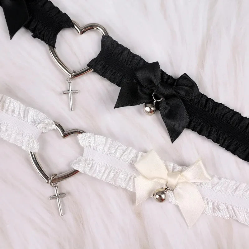Gothic Lace Garter Belt Heart Bowknot Black White Elastic Choker Strap Cosplay Bondage Lingerie Harness Cross Lolita Leg Garters