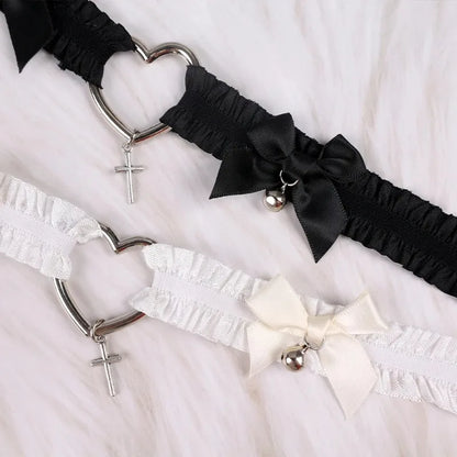 Gothic Lace Garter Belt Heart Bowknot Black White Elastic Choker Strap Cosplay Bondage Lingerie Harness Cross Lolita Leg Garters