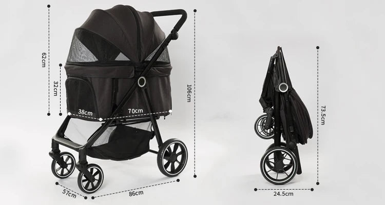 Luxury Pet Stroller Detachable and Folding Carrier Small Medium Dogs And Cats Trailer with Steel Pipe PC505 Large  Storage Bag