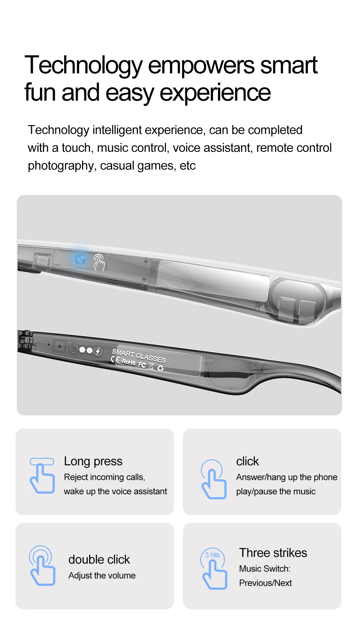 Smart Glasses Camera Remote Shoot Bluetooth Call Music Stereo Mic Men Touch Sunglasses AI Voice Assistant For Android IOS Phone