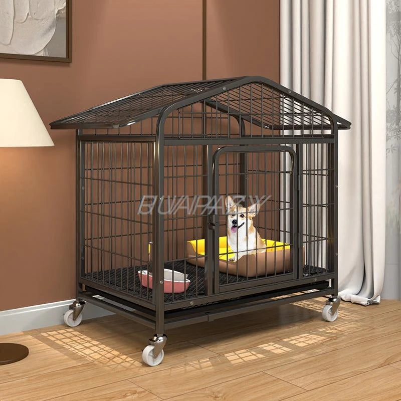 Movable Metal Dog Crate Pet Cages with Leak-Proof Pan Door Removable Tray Floor Protecting Wheel Dog Crate Furniture Indoor Use