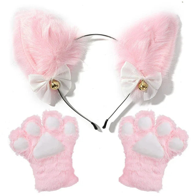 Cat Ear Bow Headband Necklace Cat Claw Gloves Cosplay Plush Bell Hairband Women Girl Masquerade Party Headwear Hair Accessories
