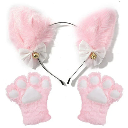 Cat Ear Bow Headband Necklace Cat Claw Gloves Cosplay Plush Bell Hairband Women Girl Masquerade Party Headwear Hair Accessories