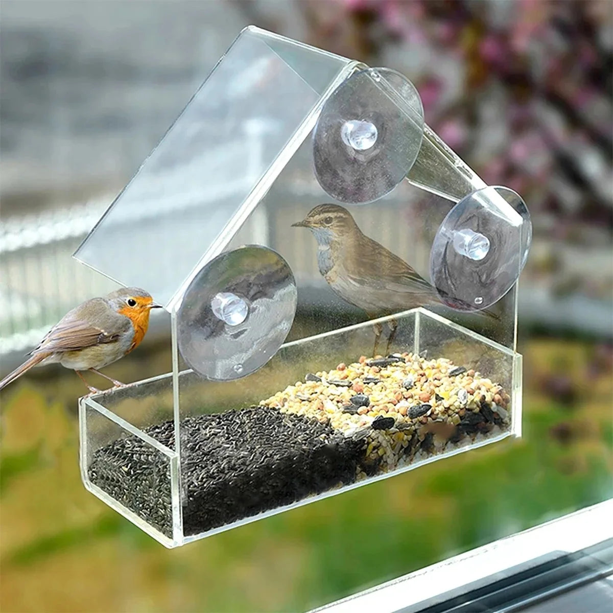 Window Bird Feeder Transparent Removable Outdoor Suction Cups Sliding Feed Tray House Shape Waterproof Squirrel Food Container