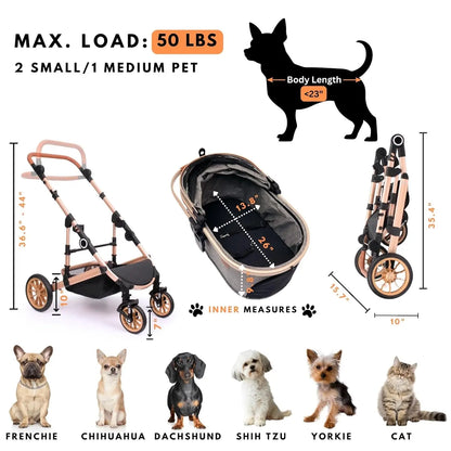 Folding 4 Wheels Dog Trolley Pet Jogger for Small Medium Dogs Travel