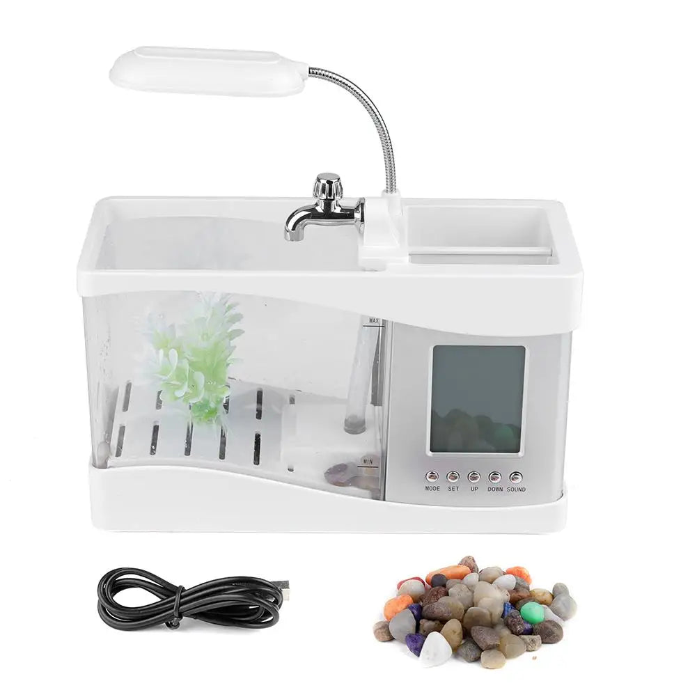 USB Mini Aquarium Fish Tank with LED Light & LCD Clock - Decorative Beta Fish Tank with Pebbles