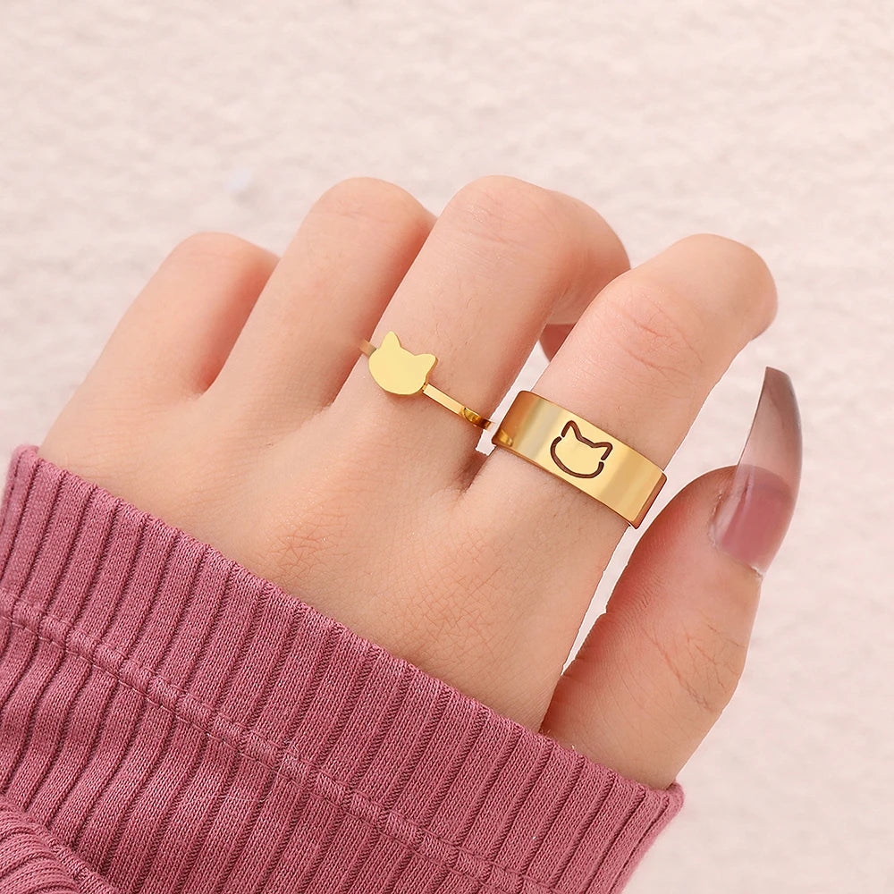 Stainless Steel Rings Cartoon Cat Cute Fashion Adjustable Couple Ring For Women Jewelry Wedding Trend Fine Party Gifts 2Pcs/set