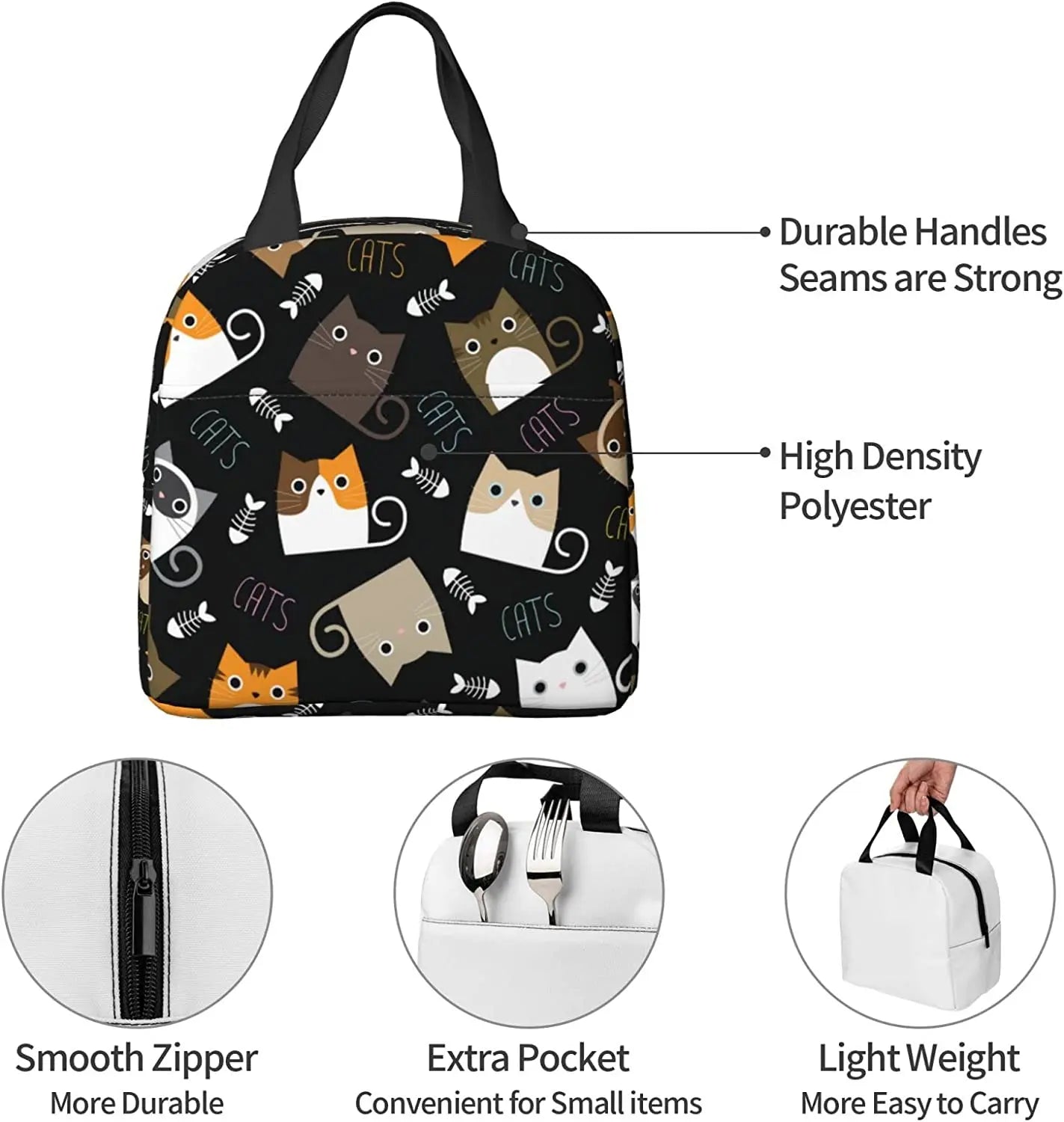 Funny Cat Insulated Lunch Bags Cooler Tote Organizer Bags Reusable Lunch Box for Women Girls Outdoor Work Picnic School