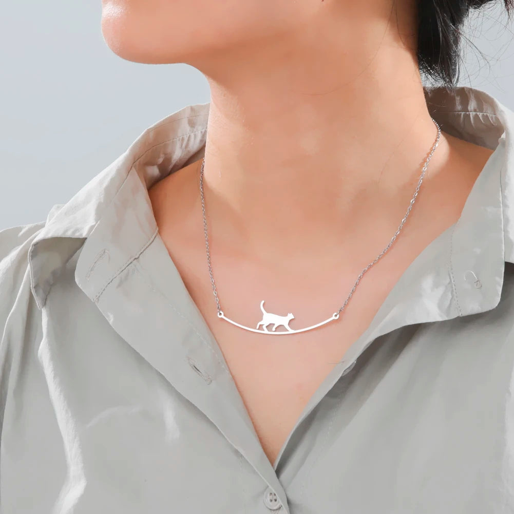 Unift Lovely Cat Pendant Necklace for Women Girl Stainless Steel Neck Chain Choker Pet Kitten Animal Kid Daughter Jewelry Gift