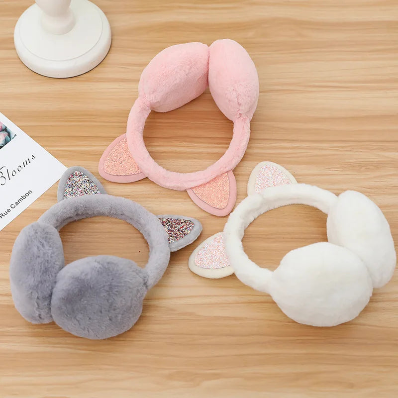 New Lovely Winter Warm Cat Ear Warmers Glitter Ears Plush Earmuffs for Women Playful Girls Ear Muffs Cold Protection Warm Hot