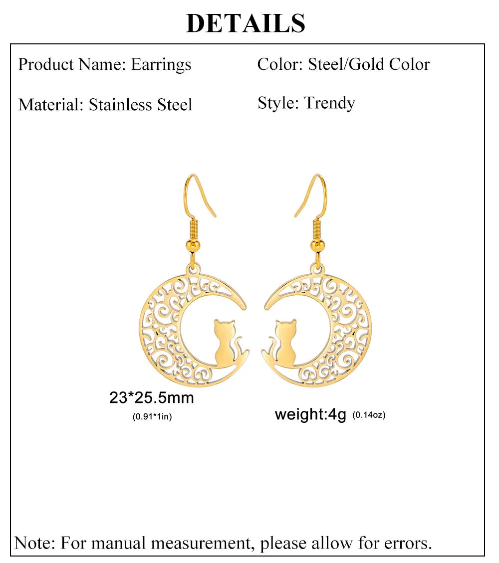 Cazador Cute Cat Kitten Crescent Moon Earrings for Women 2024 Stainless Steel Filigree Drop Earrings Jewelry Birthday Gift 2024