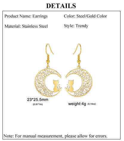 Cazador Cute Cat Kitten Crescent Moon Earrings for Women 2024 Stainless Steel Filigree Drop Earrings Jewelry Birthday Gift 2024