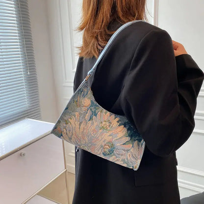 Fashion Vintage Women Oil Painting Design Shoulder Bags Ladies Simple Flower Female Armpit Hobos Bags Small Clutch Handbag Totes