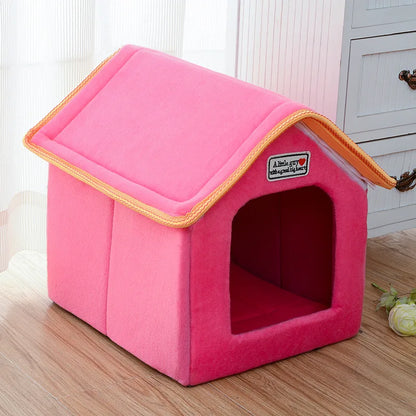 Foldable Winter Dog House Bed – Soft Leopard Print Pet Kennel