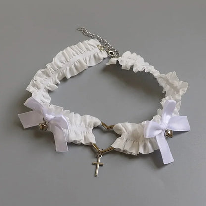 Gothic Lace Garter Belt Heart Bowknot Black White Elastic Choker Strap Cosplay Bondage Lingerie Harness Cross Lolita Leg Garters