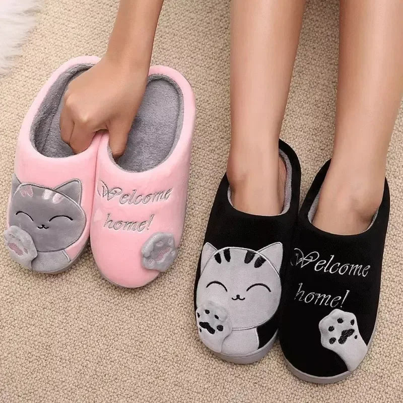 Women Winter Warm Slippers Cartoon Cat Shoes Furry Plush Slides Round Toe Flats Indoor Home Bedroom Floor Slippers Ladies Shoes