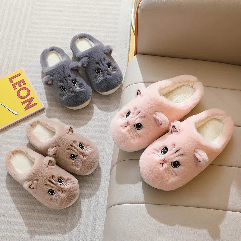 Winter Home Slippers Women Shoes Cute Cartoon Cat Slippers Men Warm Plush Slides Indoor Bedroom Non-Slip Floor Slipper