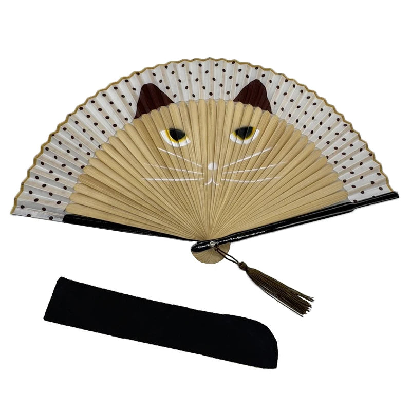 Japanese Style Cat Pattern Bamboo Folding Fan Women Lovely Cartoon Kitty Hand Fans Kimono Bathrobe Handheld Fan