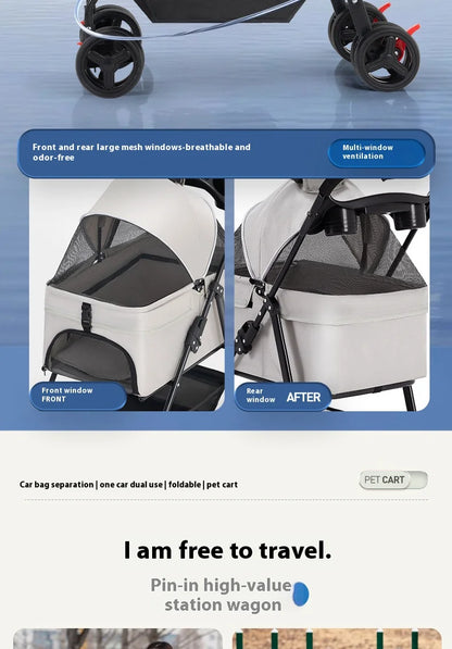 Detachable Pet Stroller Frame Basket With Feeding Tray One Click Fold System Lightweight Portable For Cats Dogs Pet Carrier