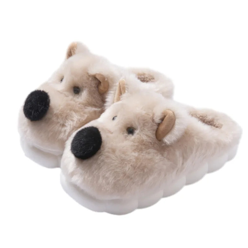 Comwarm Cute Dog Short Plush Slippers For Women 2024 Winter Warm Furry Cotton Shoes Couples Home Indoor Bedroom Cozy Slippers