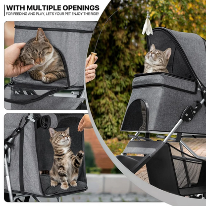 Foldable Pet Stroller Trolley Carrier With Wheels 3 Wheels Pet Strolling Cart For Small/Medium Dogs And Cats With Storage Basket