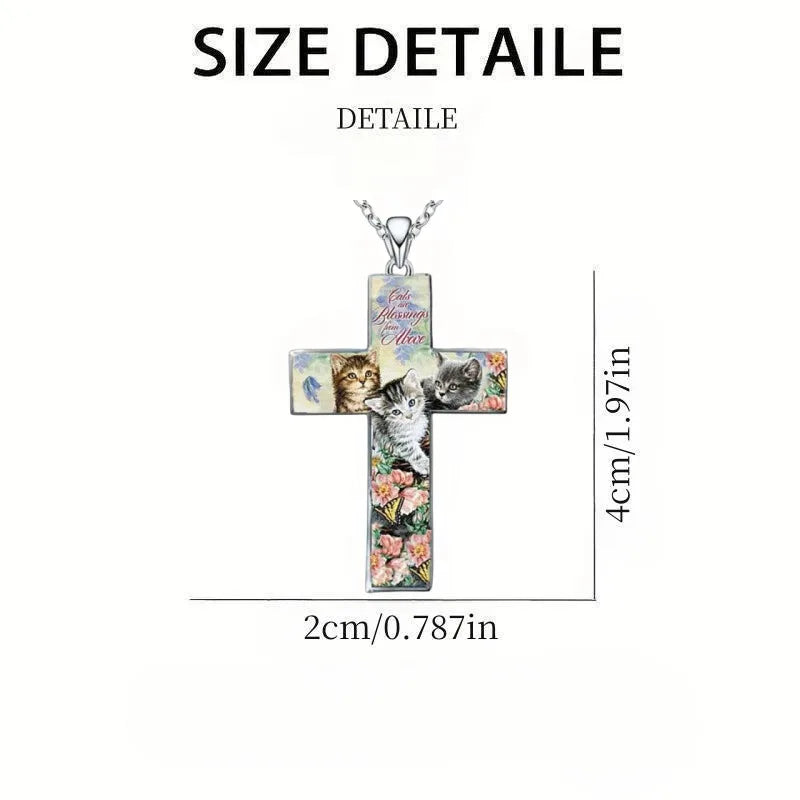 Stylish and Exquisite Three Cats Cross Pendant Necklace for Kid Christian Religious Jewelry Accessories