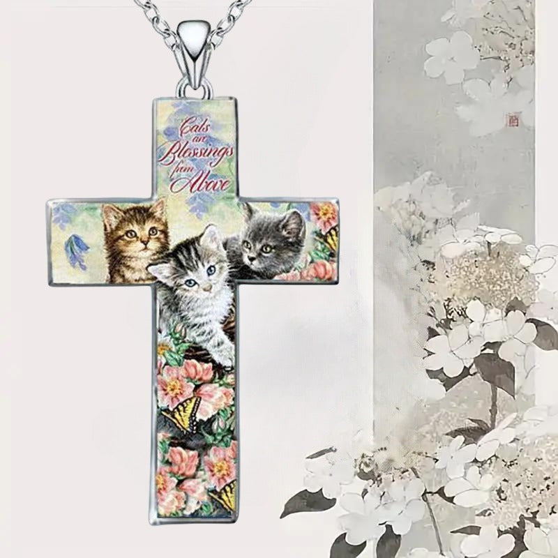 Stylish and Exquisite Three Cats Cross Pendant Necklace for Kid Christian Religious Jewelry Accessories