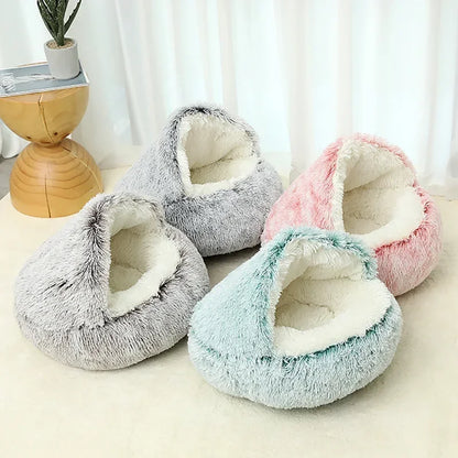冬用プラッシュペットキャットベッド ラウンドキャットクッション キャットハウス 2 in 1 暖かい猫バスケット ペットスリープバッグ 子猫用巣 小型犬猫用