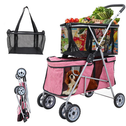 New Pet Cart Foldable Shopping Cart Separation Cat Bag Double-layer Large-capacity Dog Walking Cart
