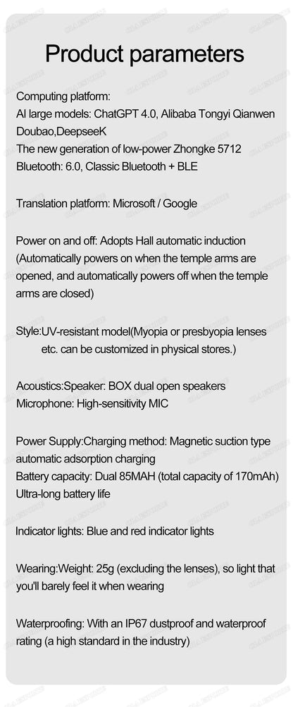 AI Smart Glasses with ChatGPT4.0 Instant Translation 164 Languages Bluetooth Calls IP67 Waterproof HD Camera for Travel Business
