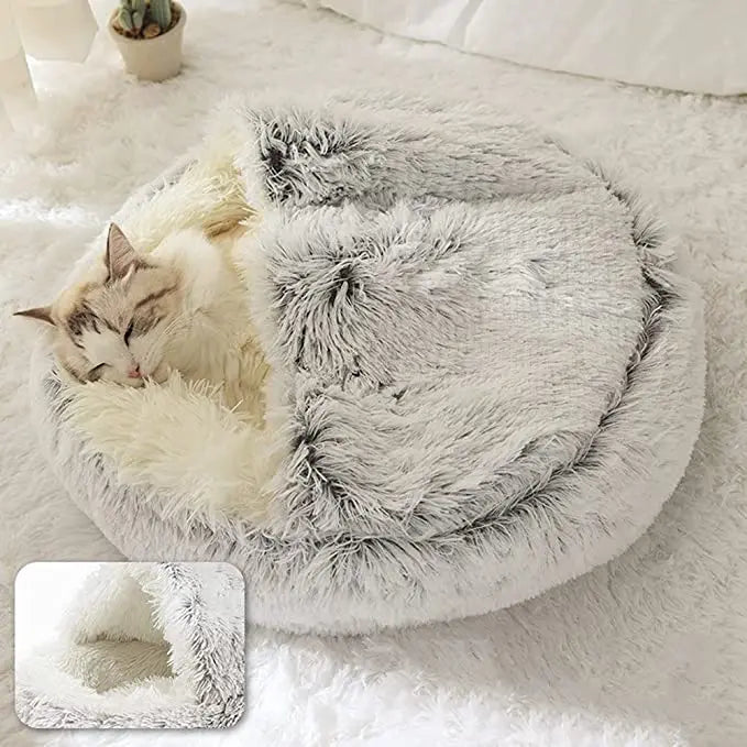 冬用ロングプラッシュペットキャットベッド ラウンドキャットクッションハウス 暖かいキャットバスケット キャットスリープバッグ キャットネストケンネル 2 in 1 小型犬 猫用