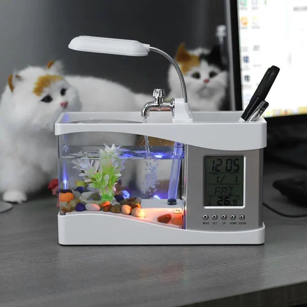 USB Mini Aquarium Fish Tank with LED Light & LCD Clock - Decorative Beta Fish Tank with Pebbles