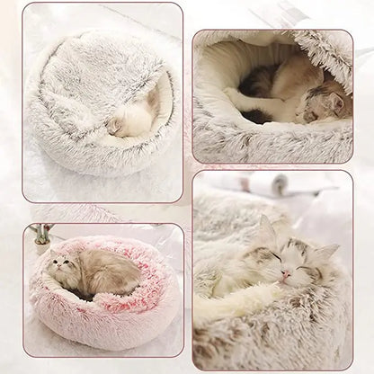 冬用ロングプラッシュペットキャットベッド ラウンドキャットクッションハウス 暖かいキャットバスケット キャットスリープバッグ キャットネストケンネル 2 in 1 小型犬 猫用