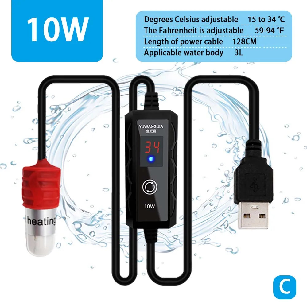 USB Mini Aquarium Heating Rod Fish Tank 10W 15W Submersible Thermostat Heater 18-34°C Adjustable Temperature Charging Tortoise