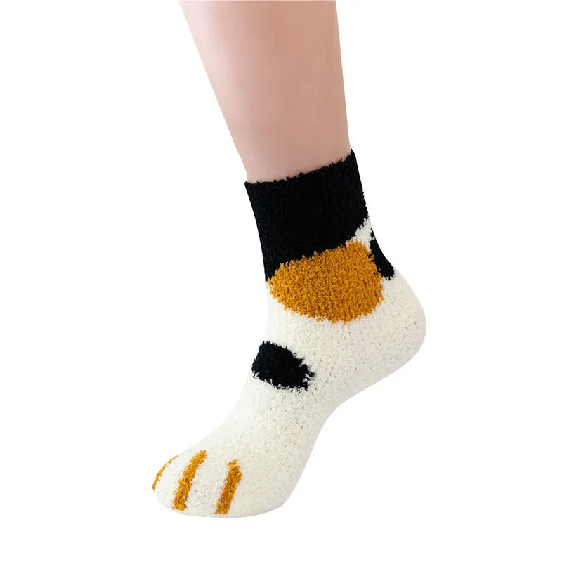 Women Winter Warm Fluffy Socks Cute Animal Claw Cat Paw Footprint Fuzzy Socks Female Thick Coral Fleece Home Floor Sleep Socks