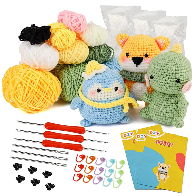 KRABALL DIY Crochet Animal Kit With Hand Knitting Yarn Needles Plush Doll Easy for Starter Includes Enough Yarn Hook Accessories