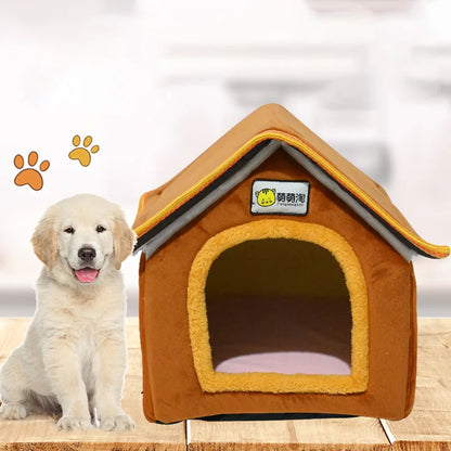 Foldable Winter Dog House Bed – Soft Leopard Print Pet Kennel