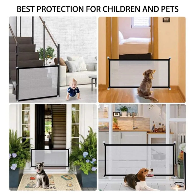 Foldable Pet Dog Gate Door Barrier Safety Guard Fence Mesh Enclosure Rectangle Magic Safety Gate Dog Safeguard With Hook