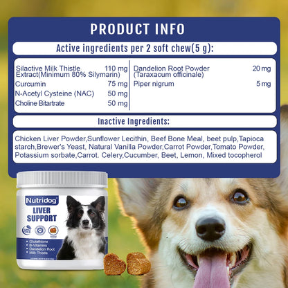 Liver Support Chews for Dogs With Milk Thistle & Curcumin - Liver Detox, Kidney & Hepatic Support -Chicken Flavor 120 Soft Chews