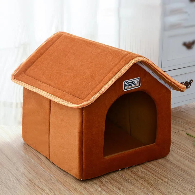 Foldable Winter Dog House Bed – Soft Leopard Print Pet Kennel