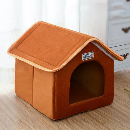 Foldable Winter Dog House Bed – Soft Leopard Print Pet Kennel