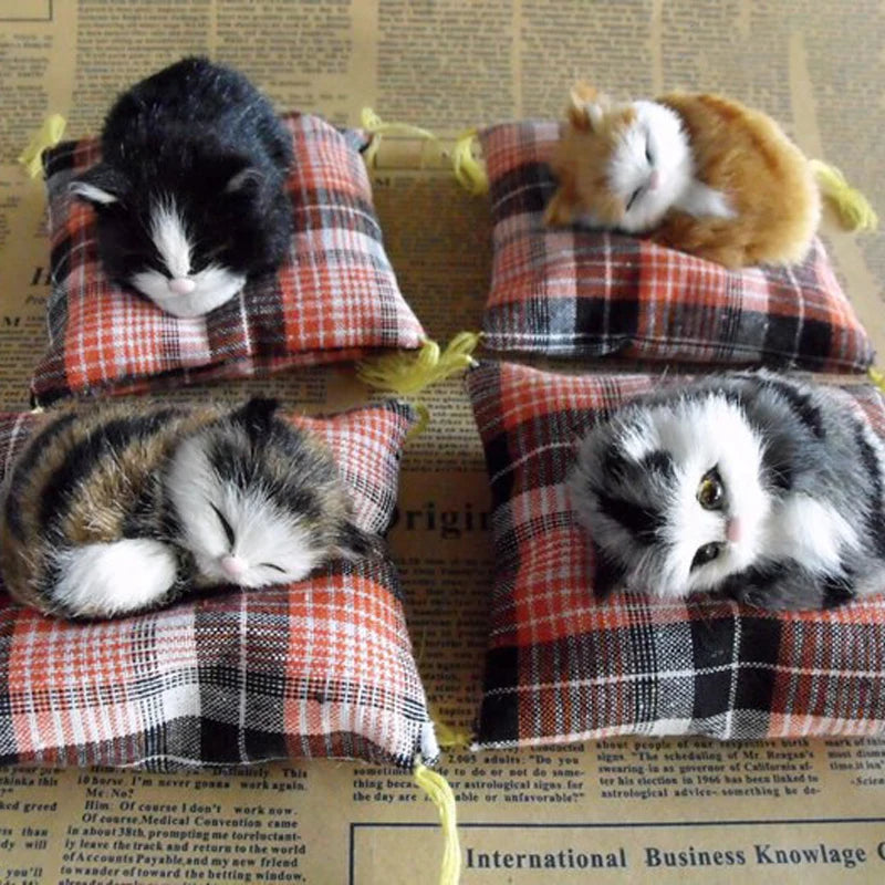 Artificial Mini Sleeping Cats on Cloth Pad Plush Simulation Lying Cats Doll Ornaments