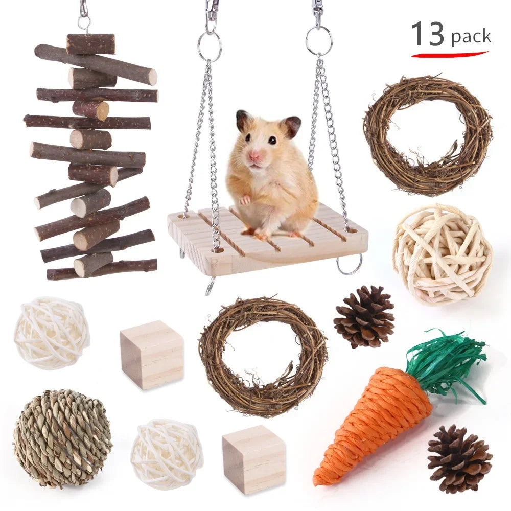Combination Hamsters Rabbit Rat Toys Hamster Toys Set Pet Rabbit Guinea Pig Parrot Play Molar Wooden Supplies