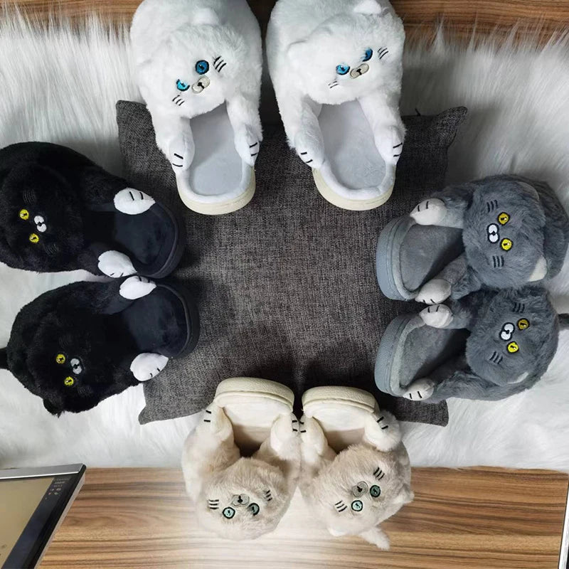 Cuddly Hug Cat Slippers Women Men Winter Home Slides Kawaii Floor Shoes Furry Slippers Girl White Mules Funny Cute Gift Slippers