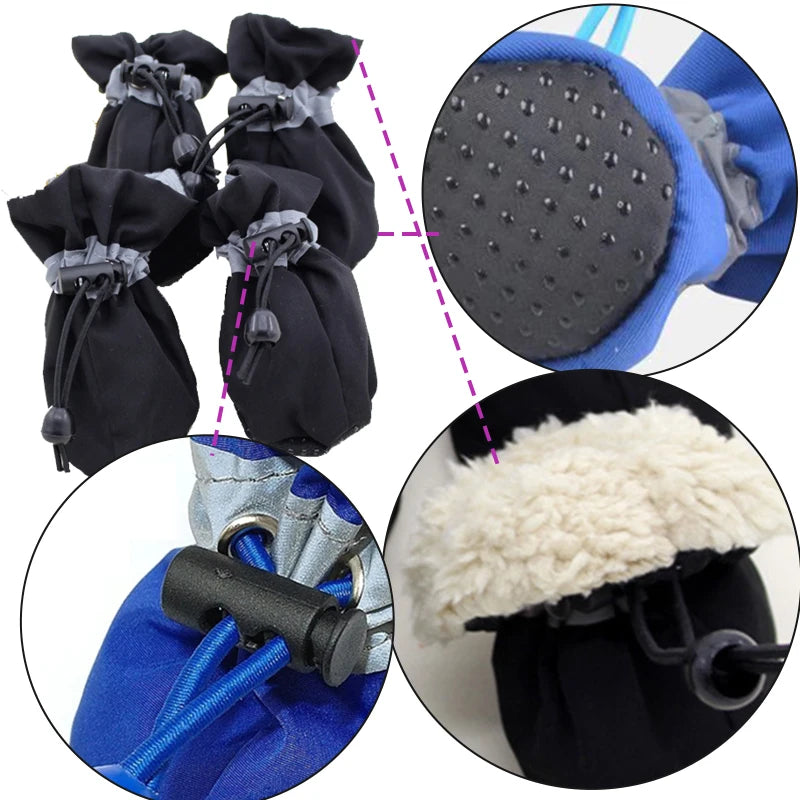 4pcs/set Waterproof Antiskid Puppy Shoes Winter Warm Plus Velvet Anti-slip Rain Snow Boots For Small Dog Cats Snow Socks