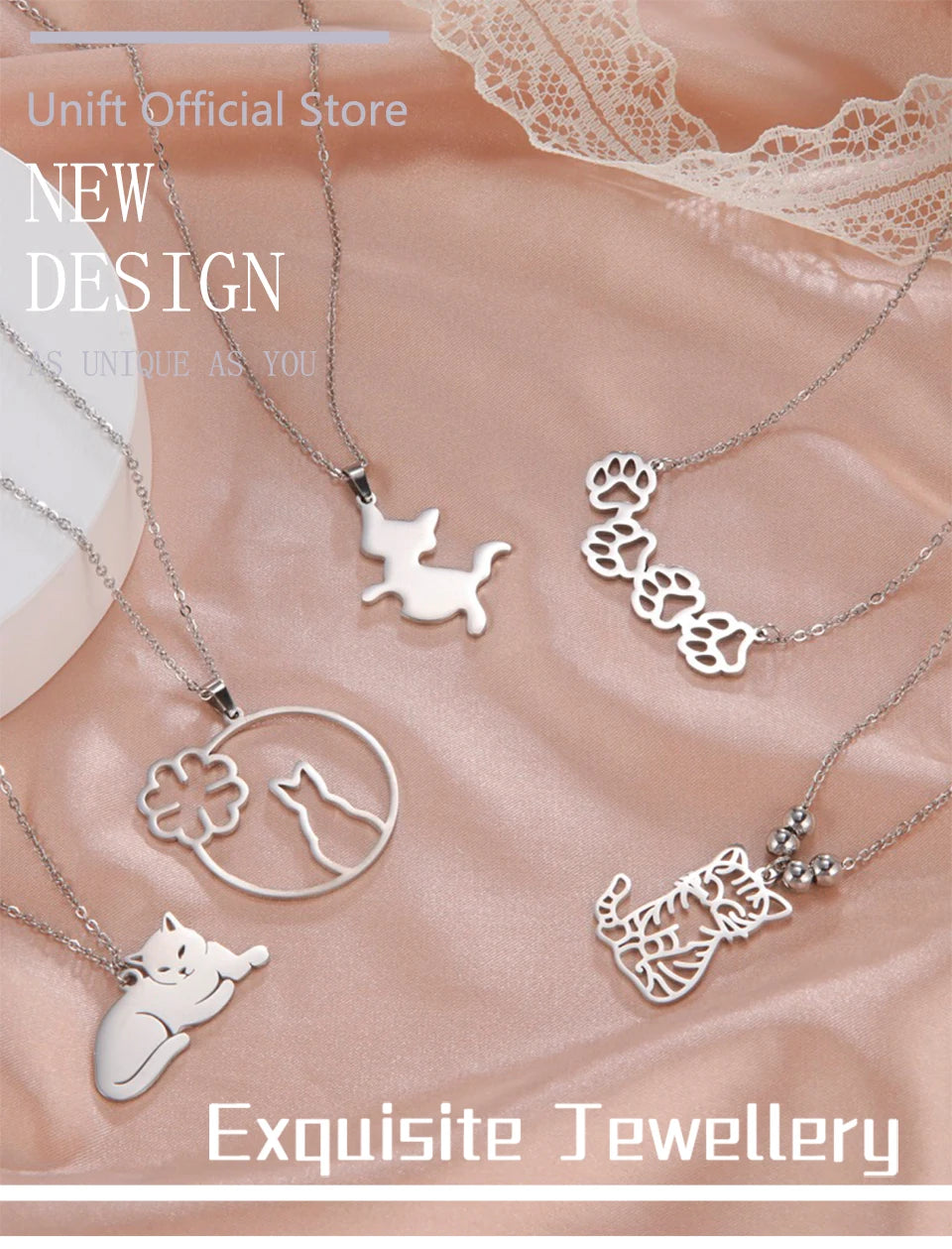 Unift Lovely Cat Pendant Necklace for Women Girl Stainless Steel Neck Chain Choker Pet Kitten Animal Kid Daughter Jewelry Gift