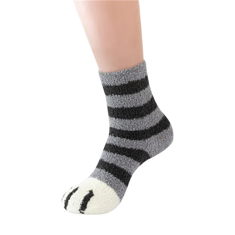 Women Winter Warm Fluffy Socks Cute Animal Claw Cat Paw Footprint Fuzzy Socks Female Thick Coral Fleece Home Floor Sleep Socks