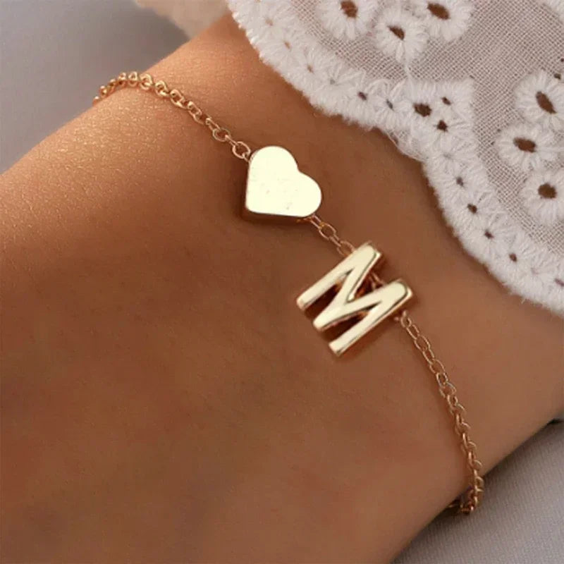 Fashion English Initial Letter Heart Bracelet DIY Personalized Name Bracelets Girls Women Anniversary Jewelry Gifts