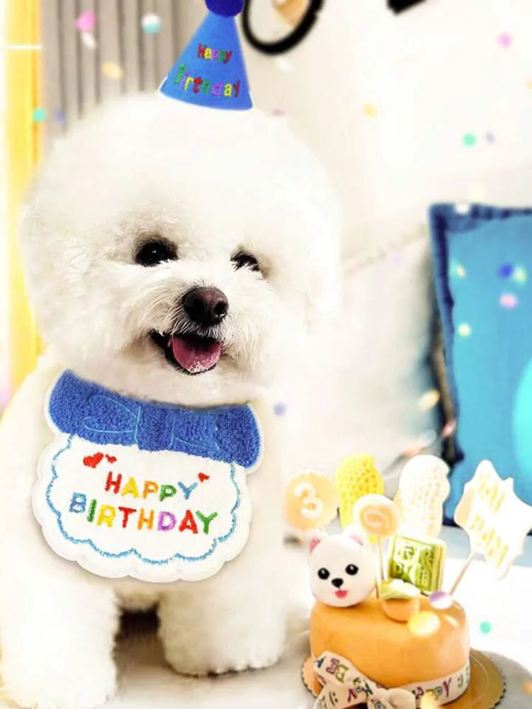 貓狗生日圍兜和派對帽迷你小狗可調式頭巾圍巾寵物生日服裝小狗用品