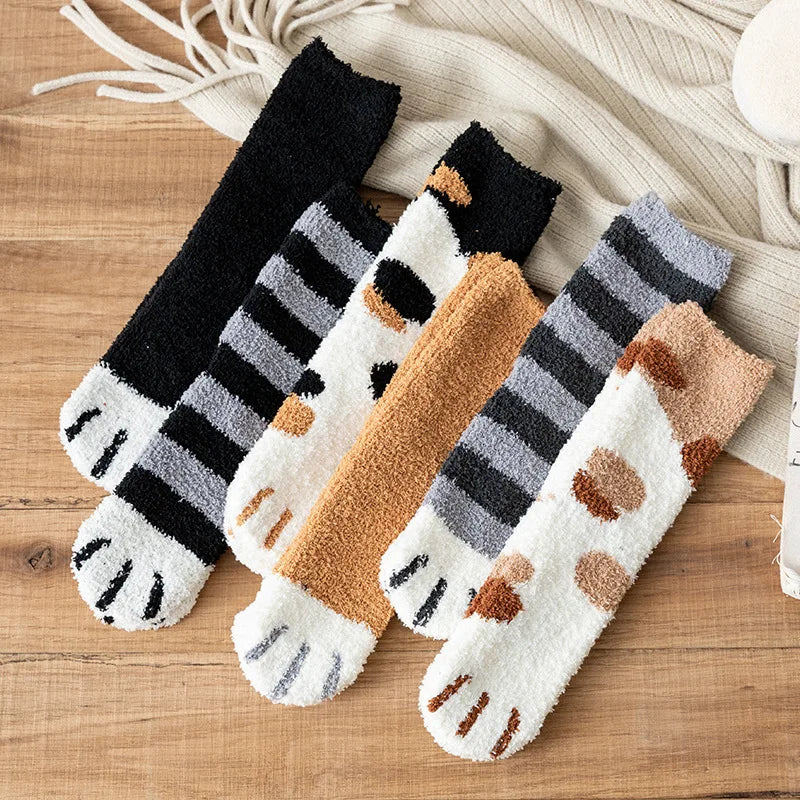 Women Winter Warm Fluffy Socks Cute Animal Claw Cat Paw Footprint Fuzzy Socks Female Thick Coral Fleece Home Floor Sleep Socks